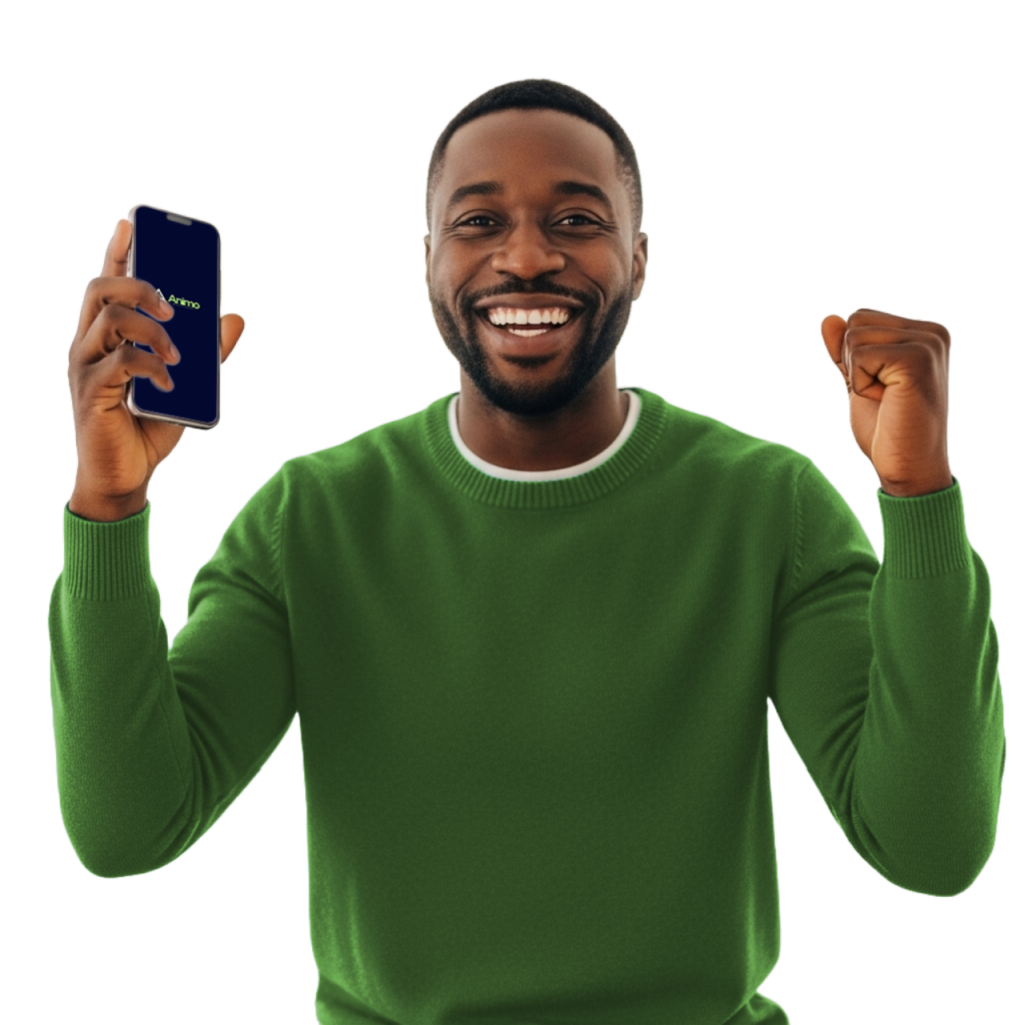 A happy man in a green sweater holding a smartphone, celebrating success with Animo.